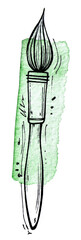 doodle illustration of an artist's brush on a watercolor spot. watercolor blot, paint texture. hand drawing. drawing supplies