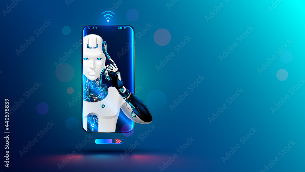 Poster Artificial intelligence in phone. Mobile online chat bot in smartphone. Cyborg or robot with AI look out of screen phone. Chatbot, internet helper, virtual support of web services. Technology concept.