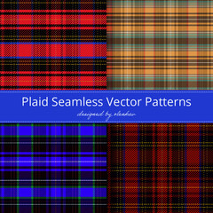 Plaid seamless patterns set. Fashion textile cloth, plaid fabric, vector illustration.