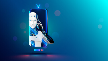Artificial intelligence in phone. Mobile online chat bot in smartphone. Cyborg or robot with AI look out of screen phone. Chatbot, internet helper, virtual support of web services. Technology concept. - obrazy, fototapety, plakaty