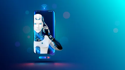 Fotobehang Artificial intelligence in phone. Mobile online chat bot in smartphone. Cyborg or robot with AI look out of screen phone. Chatbot, internet helper, virtual support of web services. Technology concept. © AndSus