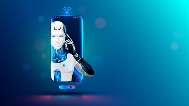 Artificial intelligence in phone. Mobile online chat bot in smartphone. Cyborg or robot with AI look out of screen phone. Chatbot, internet helper, virtual support of web services. Technology concept.