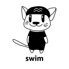 Vector icon of a cute cat drawn on a white background. A kawaii cat in a swimming suit relaxes on the sea. a funny character is waiting for the emblems of sports clubs or children s T-shirts