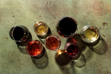 Red, rose and white wine in glasses on rusty green background, top view. Wine bar, shop, winery,...