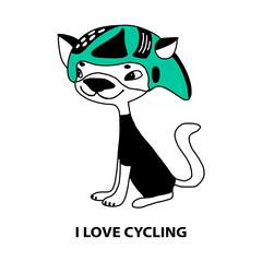 a cat in a cyclist costume. a fun character waiting for the emblems of sports clubs or children's T-shirts . Isolated on a white background. vector illustration