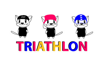 Illustration of the emblem for triathlon competitions. Funny cats in clothes for swimming, running and cycling. Poster-swim, bike,run. Characters for the logo. sports symbol for applying to T-shirts