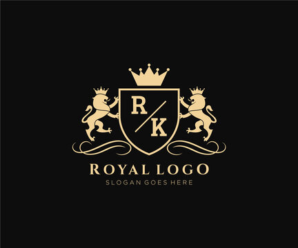 Initial RK Letter Lion Royal Luxury Heraldic,Crest Logo template in vector art for Restaurant, Royalty, Boutique, Cafe, Hotel, Heraldic, Jewelry, Fashion and other vector illustration.