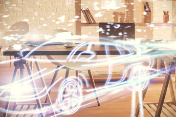 Multi exposure of auto pilot theme drawings and office interior background. Ai concept.