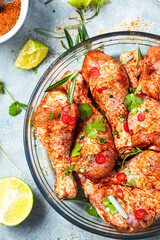 Chicken Legs Drumstick Preparation for BBQ Grill. Marinating Food in SPices