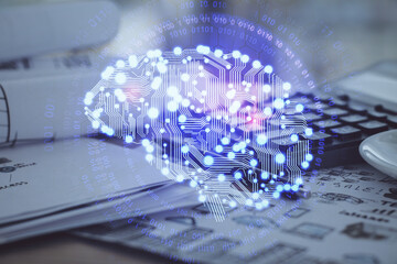 Multi exposure of brain drawings and desk with open notebook background. Concept of AI