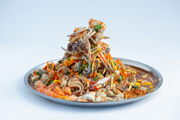 Papaya salad with crab, salmon, cockles, shrimp