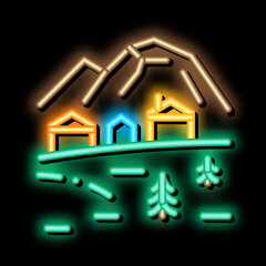 mountain village neon light sign vector. Glowing bright icon mountain village sign. transparent symbol illustration
