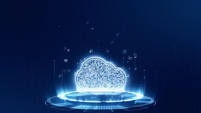 Motion graphic of Blue digital cloud logo with futuristic technology circle rotation and levitation icon on abstract background