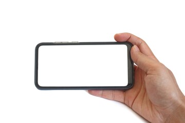 Man hand holding black smartphone isolated on white background in horizontal position.