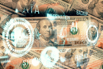 Double exposure of data theme drawing over us dollars bill background. Technology concept.
