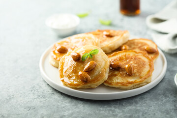 Homemade pancakes with almond and honey