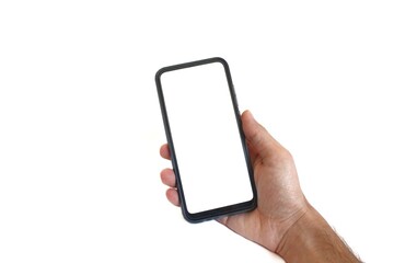 Man hand holding black smartphone isolated on white background in vertical position.
