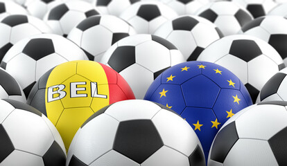 Leather balls in European Union and Belgium flag colors. 3D Rendering 