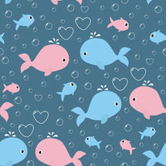 Seamless pattern with cute whales and heart shaped bubbles. It can be used for wallpapers, wrapping, cards, patterns for clothes and other.