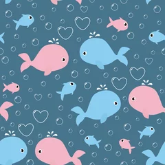 Papier Peint photo Lavable Baleine Seamless pattern with cute whales and heart shaped bubbles. It can be used for wallpapers, wrapping, cards, patterns for clothes and other.