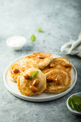 Homemade pancakes with almond and honey