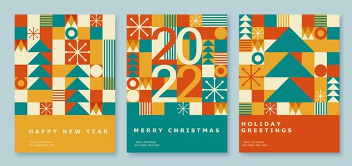 Happy 2022 New Year, Christmas abstract geometric card design.