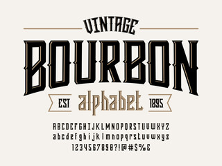Vintage whiskey and bourbon label style alphabet design with uppercase, lowercase, numbers and symbols - obrazy, fototapety, plakaty