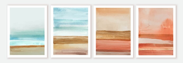 Abstract wall art watercolor compositions. Soft watercolor gradient. Landscape, seashore, sea, blue sky.