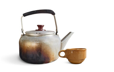 Old aluminum kettle with brown ceramic mug on white background