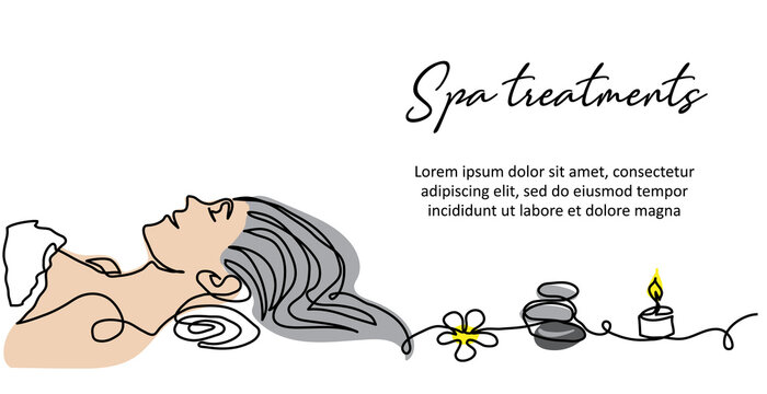 Spa background with lying womans head, stones, flower, candle, towel. Minimal vector banner, border, signboard, , poster. One continuous line art sketch for spa background