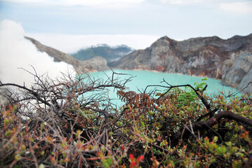 Kawah Ijen volcano and sulfur lake is composite volcanoes in the Banyuwangi Regency of East Java, Indonesia, Kawah ijen have Blue fire crater and Sulfur mining. Blue Nature Travel Background