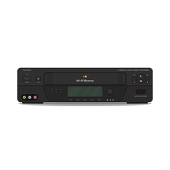 VCR with hi-fi video and high quality video. 90s videocassette player and recorder. Realistic vector video player image. VHS cassette black player.