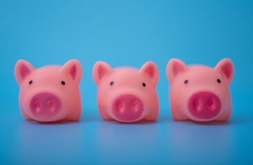 Pink pigs on a blue background. Holiday background for the calendar.