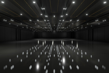 Empty convention hall center .The backdrop for exhibition stands,booth elements. Meeting room for the conference.Big Arena for entertainment,concert,event. ballroom.3d render. - obrazy, fototapety, plakaty