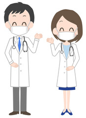 マスクを着けた笑顔の男女の医師