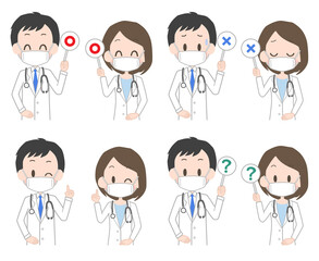 マスクを着けた男女の医師の表情セット