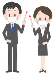 マスクを着けてポインターを持つスーツ姿の男女