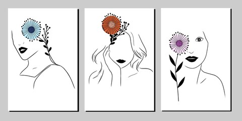 Set three pieces of minimal minimal line art woman with flowers wall art. Minimalist Scandinavian wall decor. Continuous line wall Decorations.