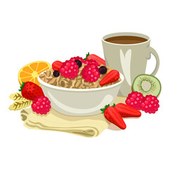Tasty porridge with berries in a bowl, cup of coffee, raspberries, kiwi, orange and ears. Breakfast on napkin. Health food vector illustration. Good morning. Flat style.