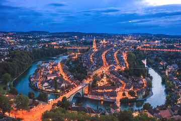 Aerial cityscape of Bern, Switzerland at dusk - obrazy, fototapety, plakaty