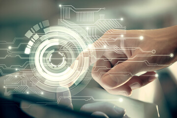 Multi exposure of man's hand holding and using a digital device and data theme drawing. Innovation concept.