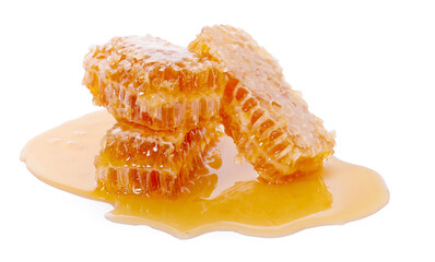 Honeycomb piece. Honey slice isolated on white background.