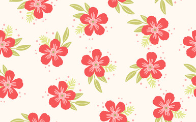 Fototapeta premium Seamless floral pattern based on traditional folk art ornaments. Colorful flowers on light background. Scandinavian style. Sweden nordic style. Vector illustration. Simple minimalistic pattern