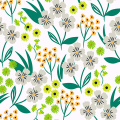 Floral Seamless Pattern With Lovely Flowers And Leaves. Colorful Fashion Print. Hand Drawn Vector Illustration/ White Background.