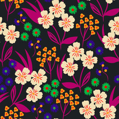 Floral Seamless Pattern With Lovely Flowers And Leaves. Colorful Fashion Print. Hand Drawn Vector Illustration, Great for Wedding Decoration, Greeting Cards, Scrapbooking, Invitation.