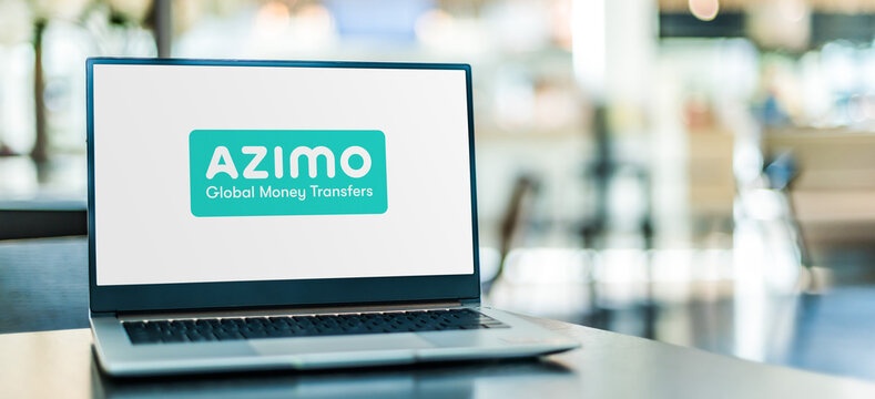 Laptop computer displaying logo of Azimo