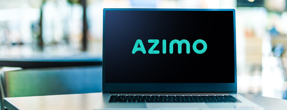 Laptop computer displaying logo of Azimo