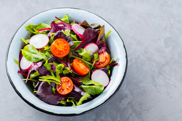 Salad with mix of greens on gray background. Healthy vegetable salad with cherry tomatoes, radish and mix salad. Copy space