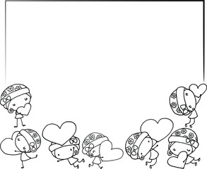 vector cartoon girls hold flowers with border frame card background