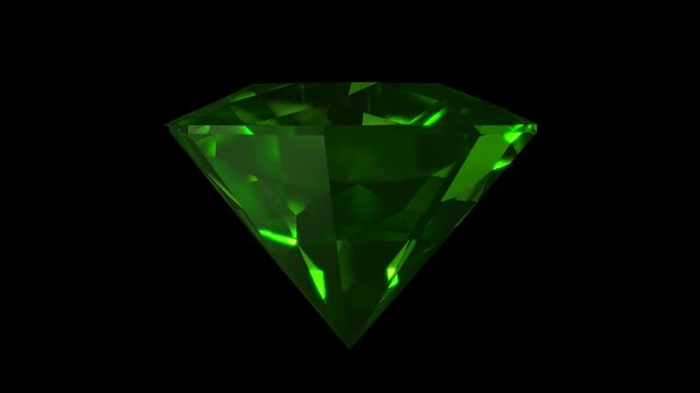 Sparkling green round cut diamond rotating on black background. Shining emerald